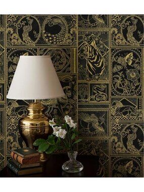 Black Gold Peel Stick Wallpaper Vintage Animal Tiger Peacock Self Adhesive Vinyl